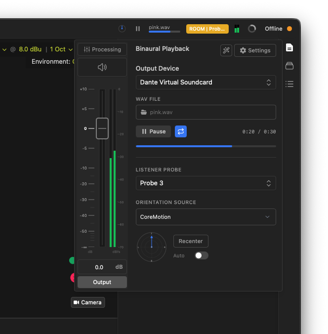 Binaural Playback panel in Room Auralization Mode